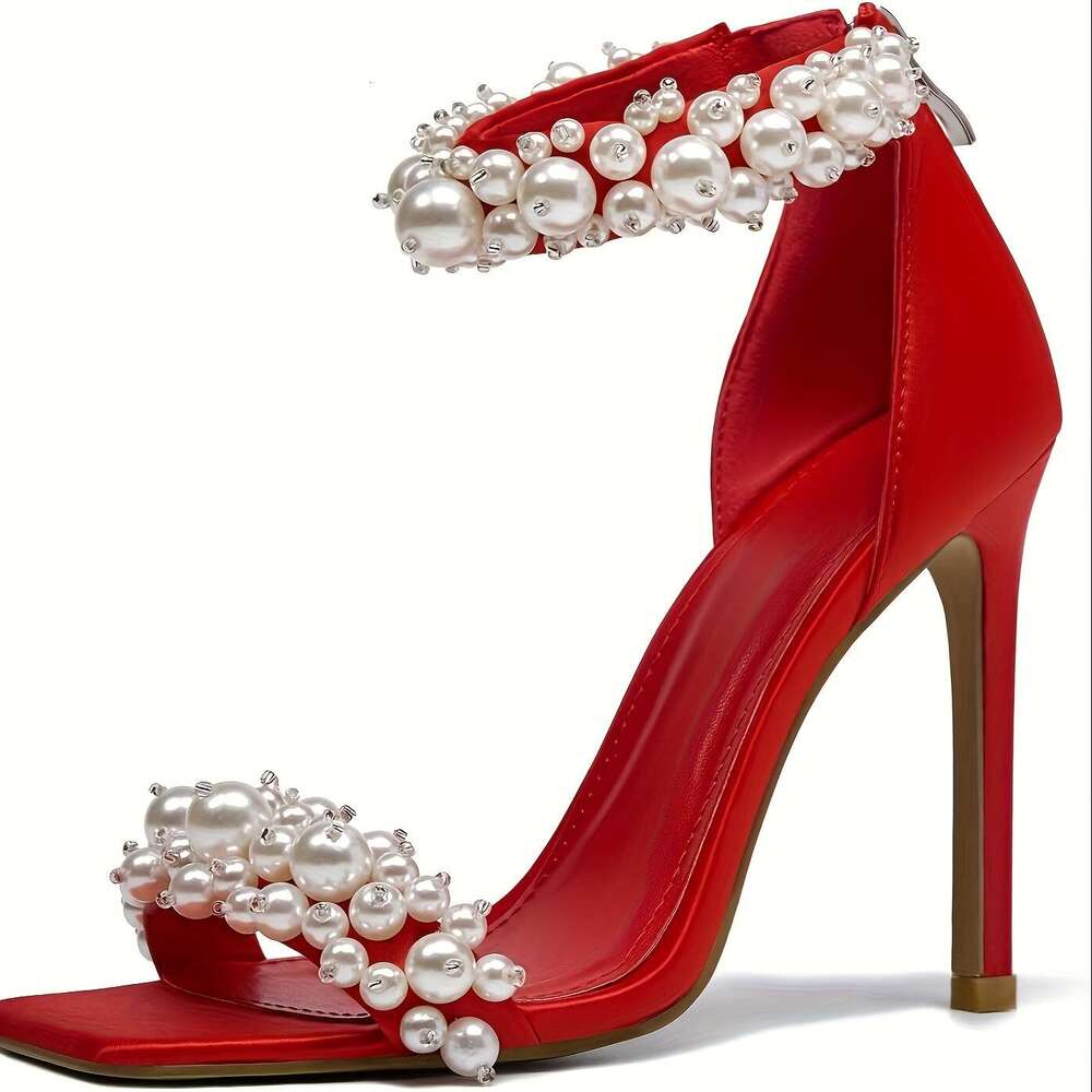 Women's Pearl Stiletto Sandals - Square Open Toe Design, Back Ankle Zipper, White Satin
