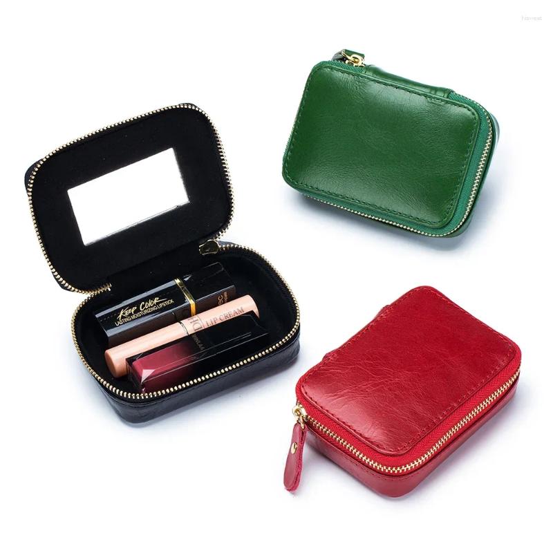 Cosmetic Bags Mini Leather Lipstick Envelope Cowhide Bag With Mirror Data Cable Headphone Women's Jewelry Box Coin Hand Hold