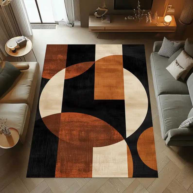 Abstract Circle Rug Burnt Orange Beige Black Carpet Modern Minimst Washable Floor Mat Y251110