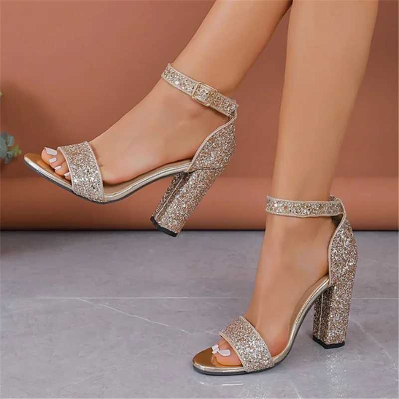 Sparkling thick high-heeled womens sandals summer ankle buckles wedding high heels open toe platform sexy party shoesXJ250410