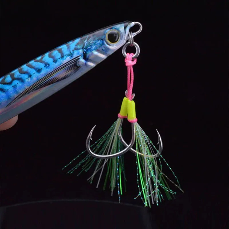 2pairPack High Carbon Steel Assist Double Hook for Sea Fishing Luminous Barbed Sizes 250 Slow Jig Metal Fishhook 251103