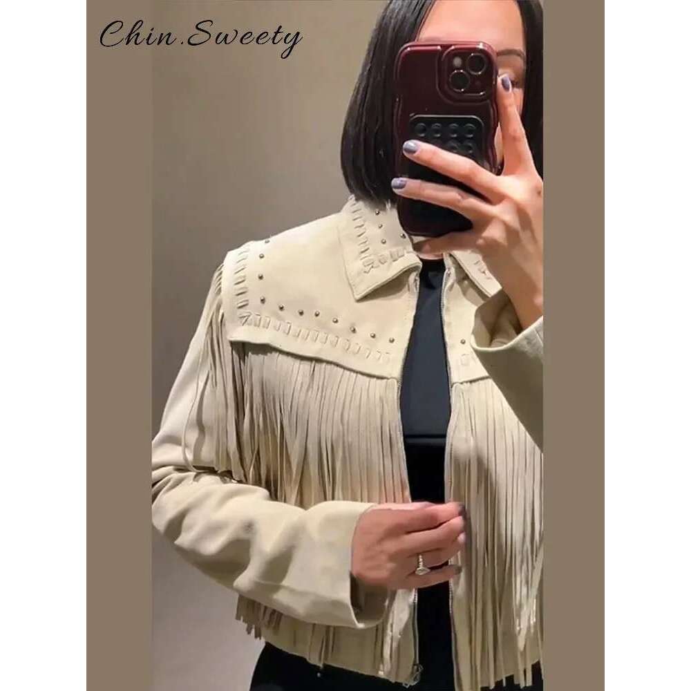 Casual Retro Tassels Rivet Short Jacket Women Solid Loose Lapel Long Sleeve Ziper Jackets 2025 Spring Lady High Street Coats New