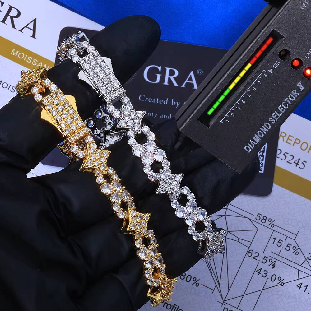 NUOYA 925 Silver Bracelet Spring Lock Clasp Iced Out VVS Moissanite Four Pointed Star Infinite Design Hip Hop Fine Jewelry