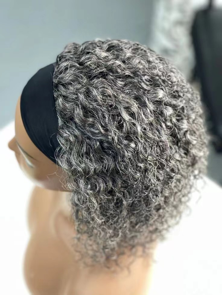 10" tight curl grey headband wig light silver gray human hair salt and pepper natural highlights two tone mixed