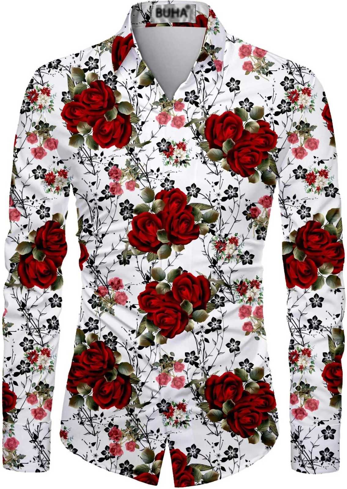 Mens long-sleeved shirt casual fashion 3d rose print shirt mens lapel shirt long-sleeved New Year gift K251110