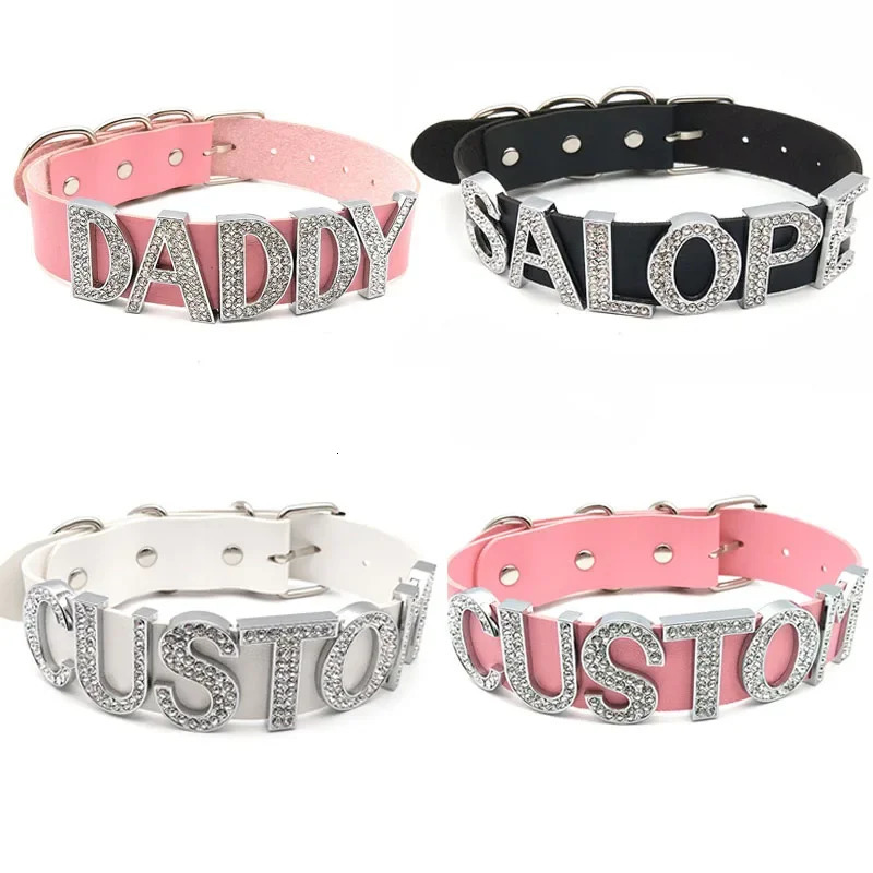 Rhinestone Letter Large Words WIFE Necklace For Women Men Fashion Black PU Leather Wide Choker Collar Custom Name DIY 251110