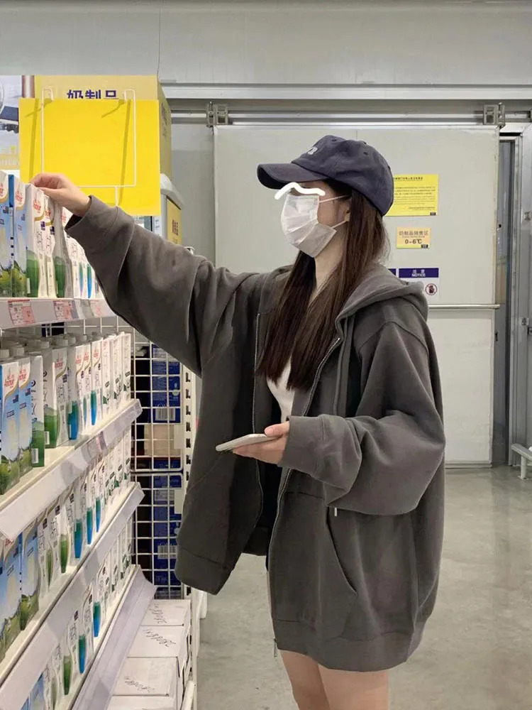 Korean Fashion Zipper Hood Sweatshirt Women Autumn Long Sleeve Tops Casual Y2K Hoodies Streetwear Harajuku Loose Jackets Coats 251105