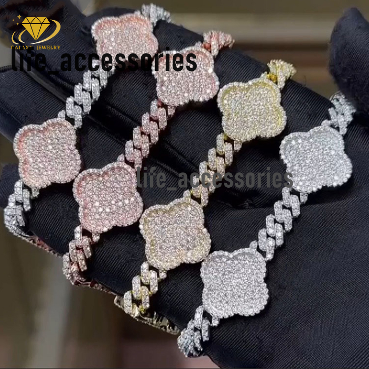 New Arrival Moissanite Chain 6MM Silver 925 Hip Hop Lucky Four Leaf Clover Moissanite Miami Cuban Link Chain Bracelet Necklace