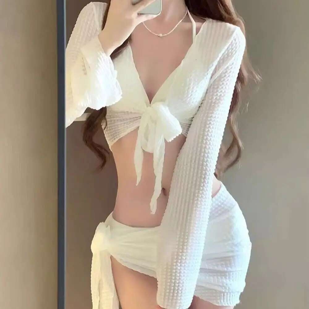 Durable with Strap Four-Piece Bikini Sexy Long Sleeve Swimsuit Solid Color Breast Lift Beach Wear Outfit for Women