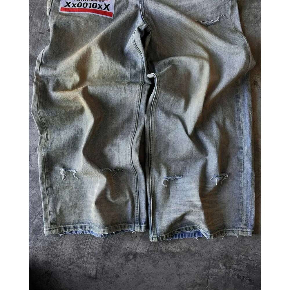Street hip hop letter-print jeans Men y2k Goth punk Haruku ripped wide Retro loose straight leg double waisted pants