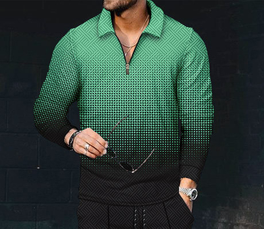 New mens printed polo shirt lapel long sleeve pullover casual mens T-shirt