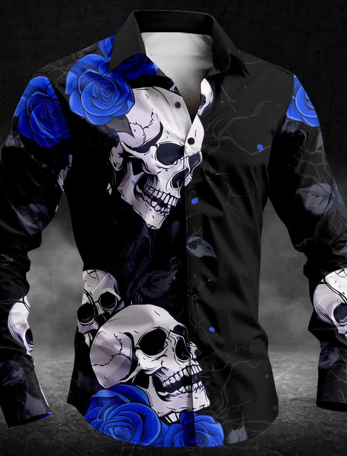 Mens Rose Skull Casual Dark Mens Button-Down Shirt Long Sleeve Party Evening Daily Shirt Collar Button K251110