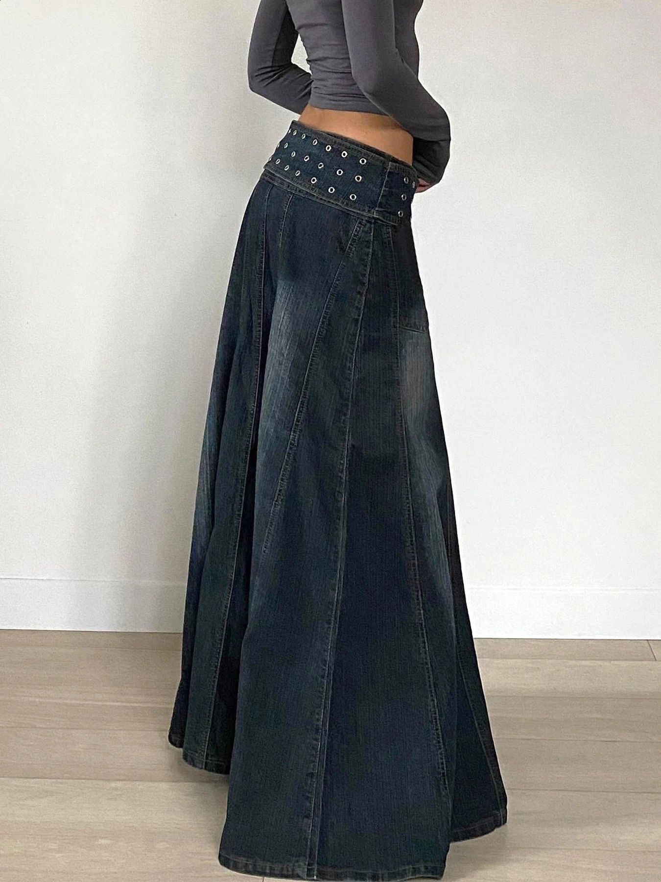 IAMSURE Basic A-Line Denim Skiing Strap Casual Slimming Pocket High Waist Long Skirt Womens Spring/Summer Womens Wear 250408