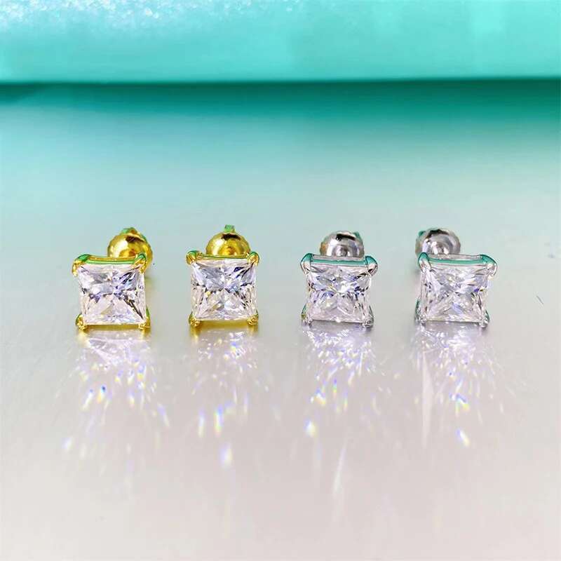 Trendy 0.4-3ct Real D Color VVS1 Princess Moissanite Earrings Screw Back for Women 925 Sterling Silver Diamond Stud Earrings