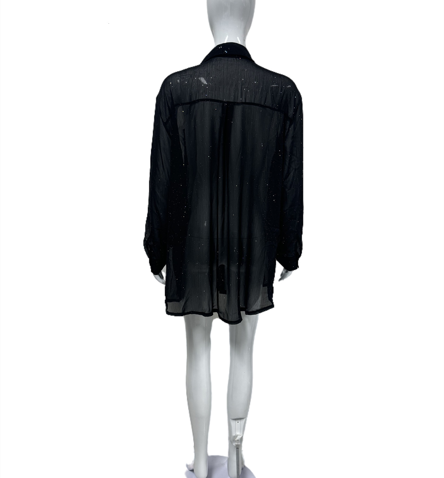 2025 women's fashion long sleeved thin collar sequined casual shirt
