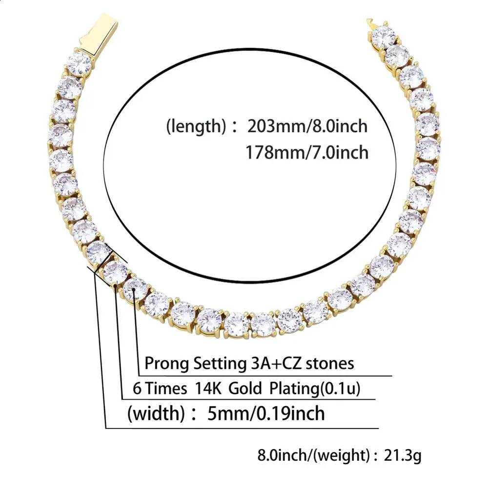 TOPGRILLZ M-6MM Spring Buckle Tennis Chain Iced Out Cubic Zirconia 1 Row Tennis Chain Bracelet Men And Women Hip Hop Jewelry 250408