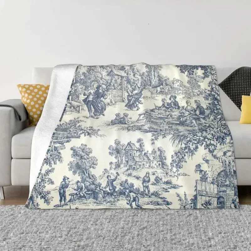 Toile De Jouy Number UltraSoft Fleece Throw Blanket Flannel French Navy Blue Motif Bed Couch Cover C251111