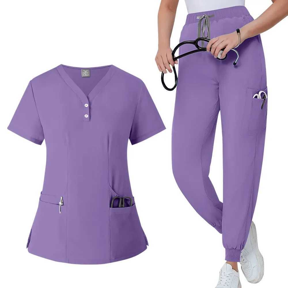 Womens medical frosted pants mid waist elastic wrinkles slim fit waist brushed pocket surgical gown X250410