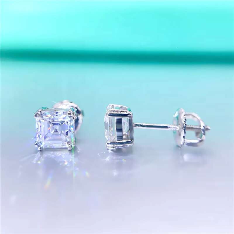Hip Hop Jewelry Fashion Asscher Cut Big Size Moissanite S925 Mens White Gold Plated Diamond Stud Earrings