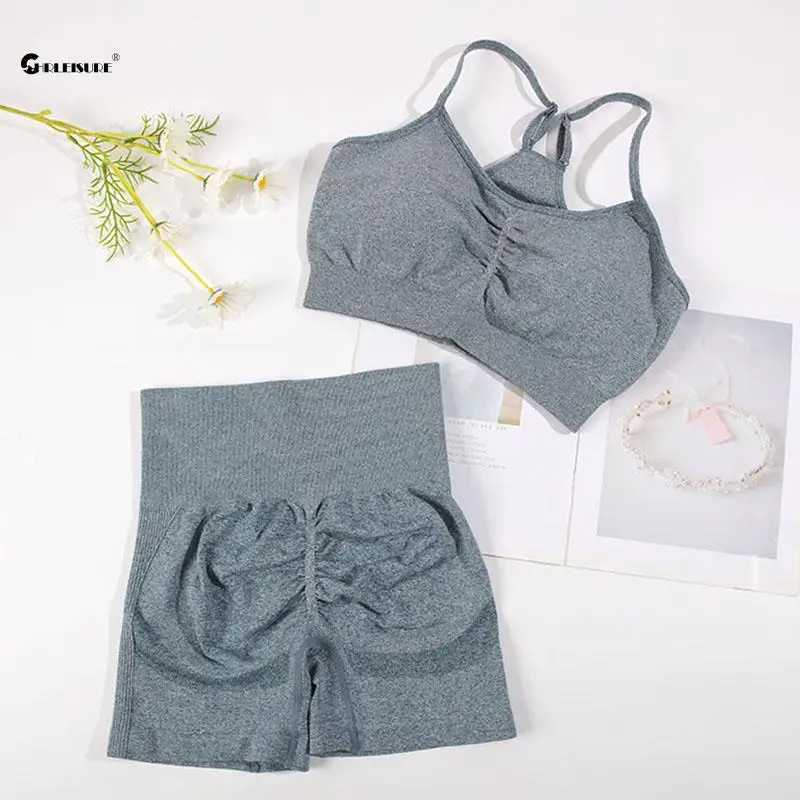 CHREISURE Seamless Sports Set Womens 2PCS Yoga Set Fitness Bra with Bicycle Shorts Gym Elastic Exercise Set Activity ClothesW250411
