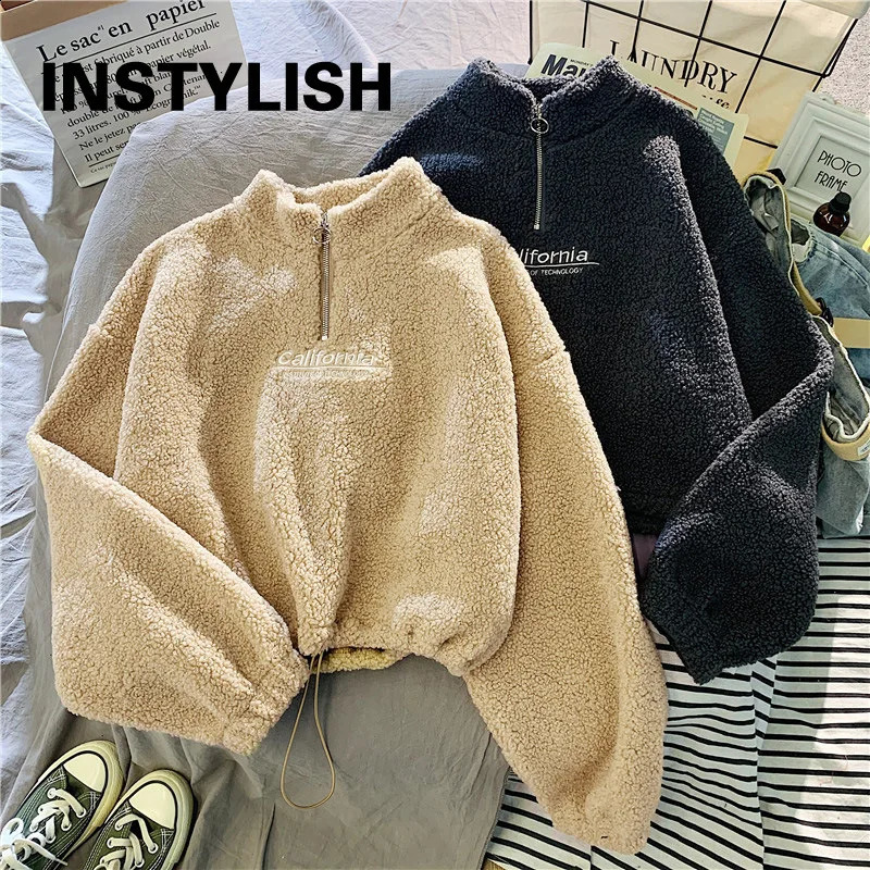 Women Stand Neck Fleece Cropped Hoodies Autumn Letter Embroidery Long Sleeve Drawstring Sweatshirt Elegant Plush Velvet Tops 250410