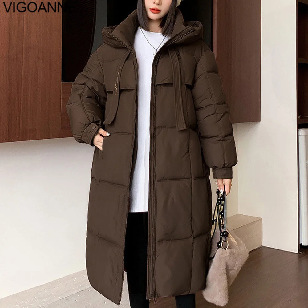 VigoAnne 2025 Loose Solid Hooded Down Long Coat Women Zipper Long Sleeve Pocket Winter Korean Jacket Lady Thick Warm Outwear 251107