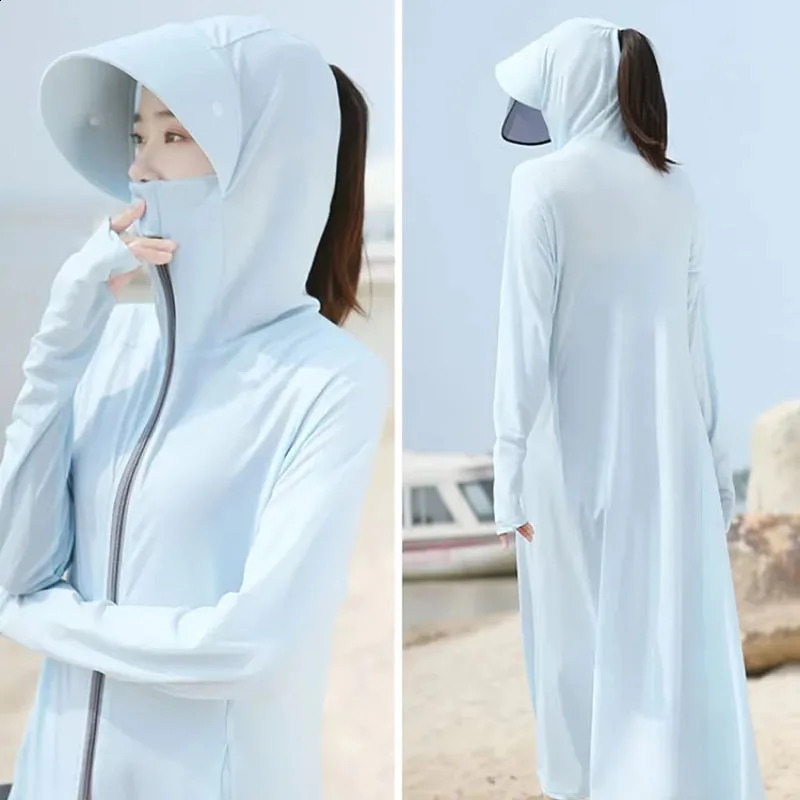 Xpqbb Summer Sunscreen Long Coat Women Breathable Anti-UV Outdoor Sun Protection Clothing Casual Simple Solid Ice Silk Outwaer 250411