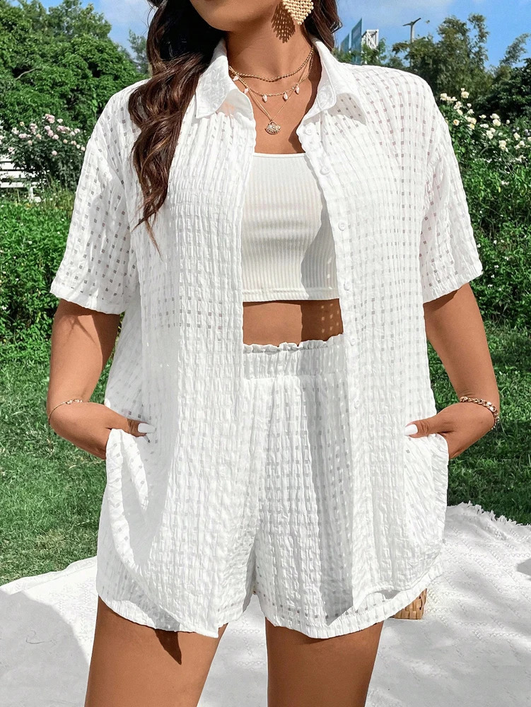 Plus Size Womens 2025 Summer Pure Colour Cutout Beach Knit Suit Choice for Summer Polyester Material 250410