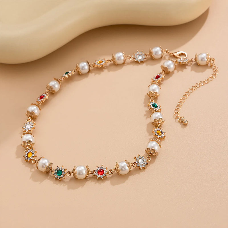 IFYOUOO Luxury Shinny Colorful Rhinestone Short Necklace Women Imitation Pearl Choker Jewelry Collar Wed Bridal Goth