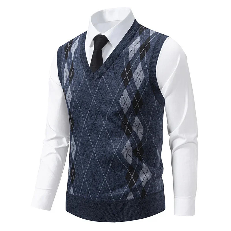 Middleaged Mens Slim Fit Knitted Sweater Vest Autumn Winter Warm Plaid Inner Wear Dad Style Top Quality Chinese 251104