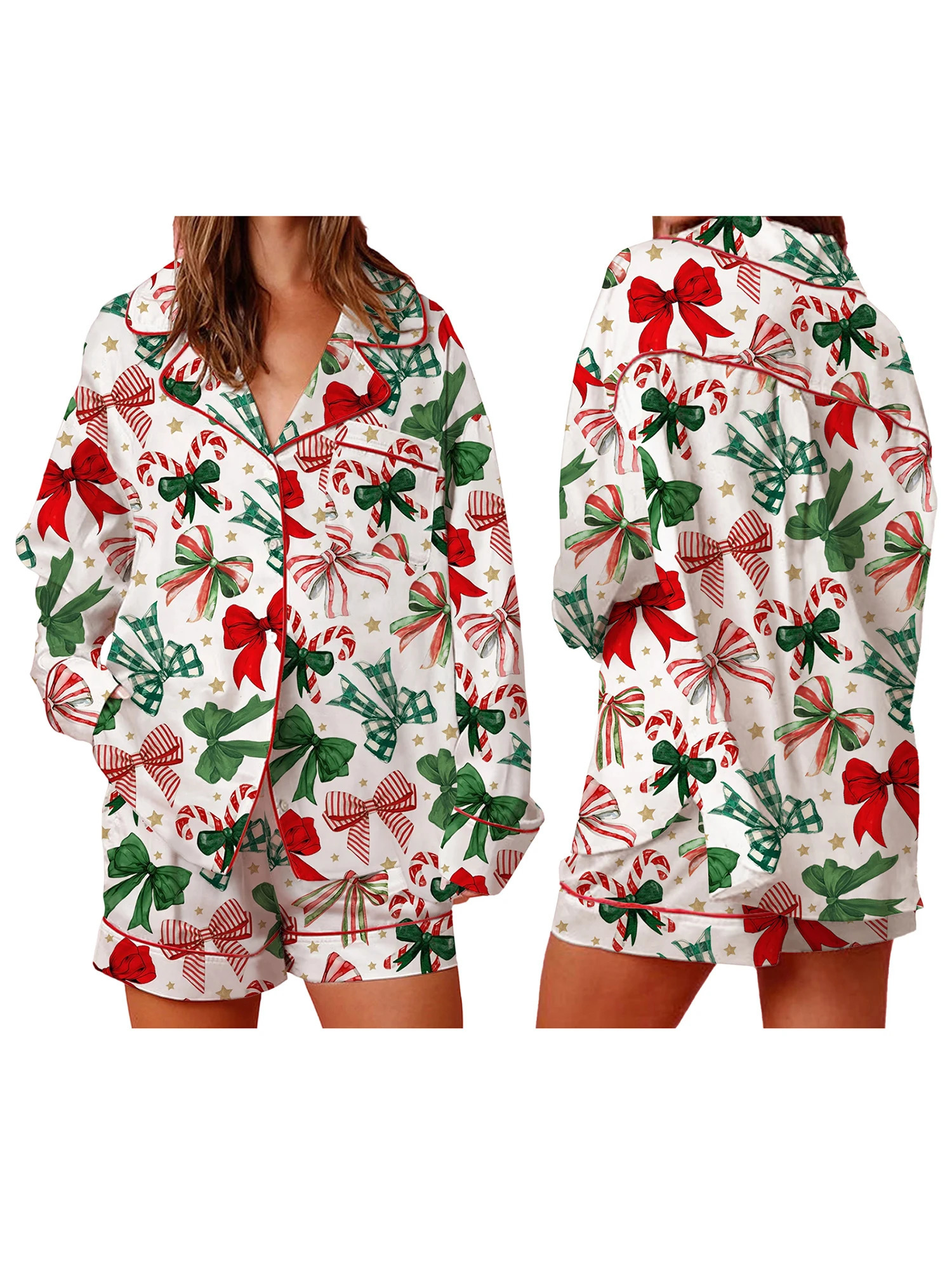 Women s Festive Holiday Pajama Set with Long Sleeve Lapel Shirt and Wide Leg Shorts in Christmas Print Sleepwear Collection 251106