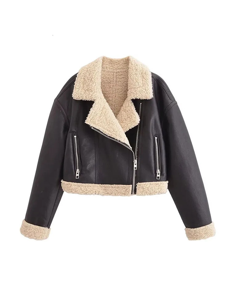 HH Womens Winter Short Motorcycle Jacket Fur One-piece Jacket Retro Lapel Zipper Pocket Decoration Womens Street Wear 251106