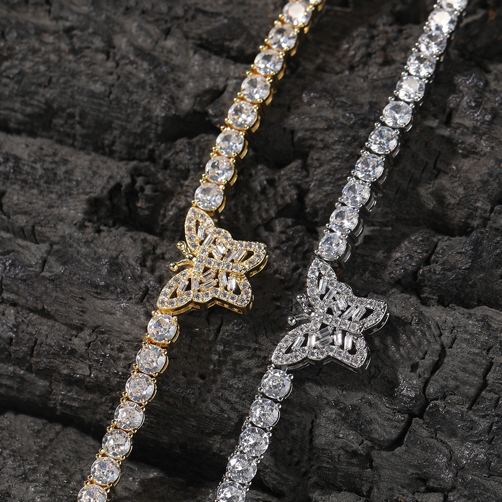 Bling Hip Hop Hollow Butterfly Tennis Chain Necklace 14k Gold Iced Out Cubic Zirconia Chains Necklaces Rapper Party Accessories For Women Luxury Full 