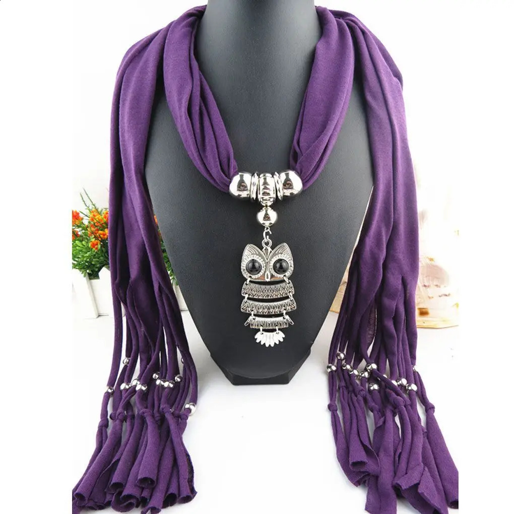 Womens Classic Owl Pendant Jewelry Scarf Necklace Scarf Edge Long Scarf 250409