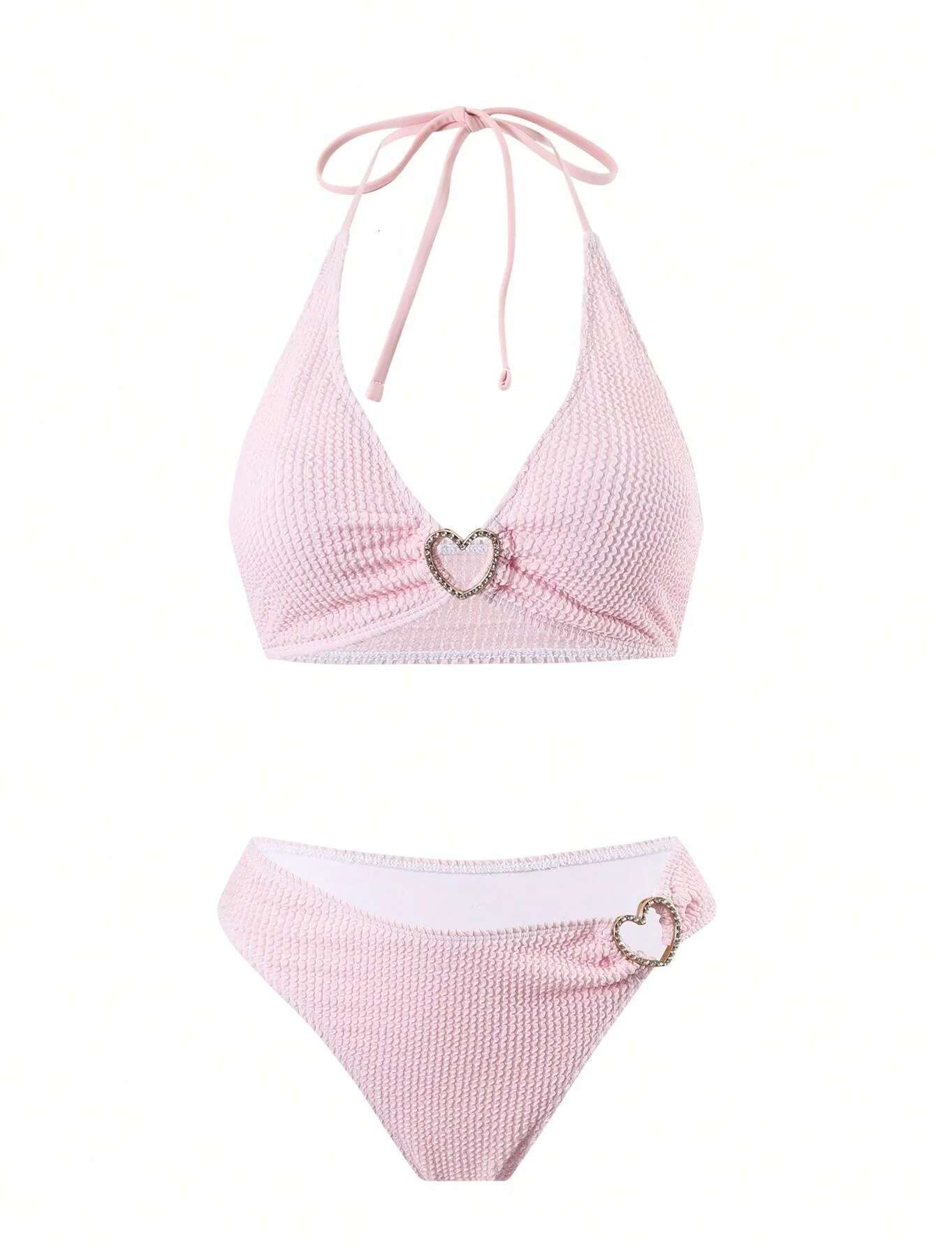 Solid color women's hot spring bath neck tie, split swimsuit, heart-shaped hollow two-piece set bikini