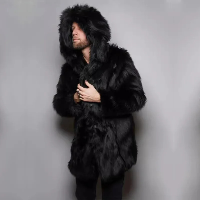 Men Hooded Faux Fox Fur Coats Solid Overcoats Mid Lenth Long Sleeves Open Stitch Loose Fit Casual Streetwear 2025 Autumn Winter 251105