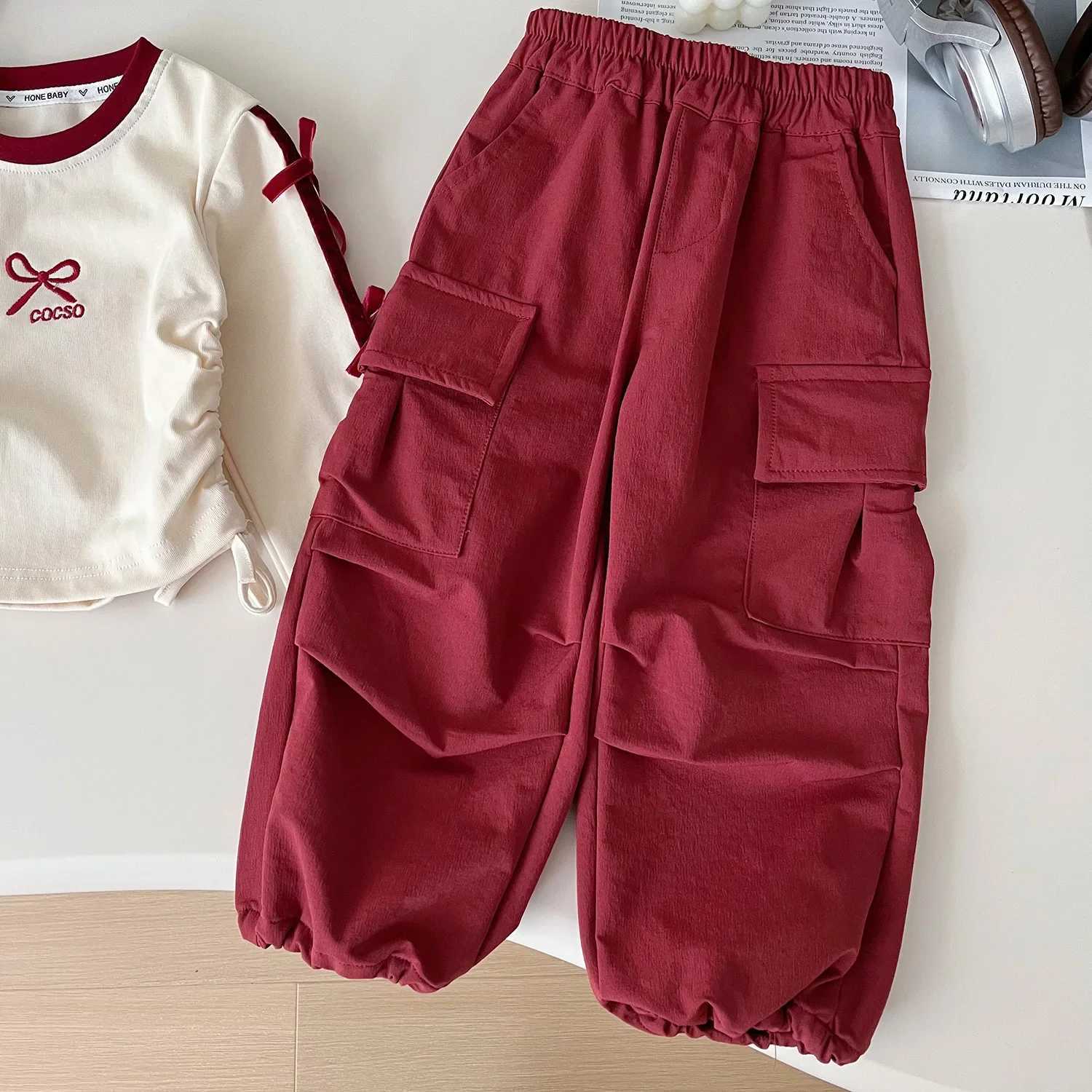 Autumn girls two-piece printed butterfly waist top+solid color cargo pants childrens clothing childrens clothing girls clothingXJ250410