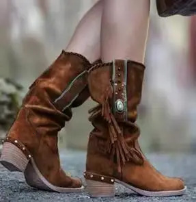 Autumn Bohemian Boots Women Ethnic Tassel Fringe Faux Suede Leather Mid half Boots Woman Square Heel Shoe Booties rtg5 251110