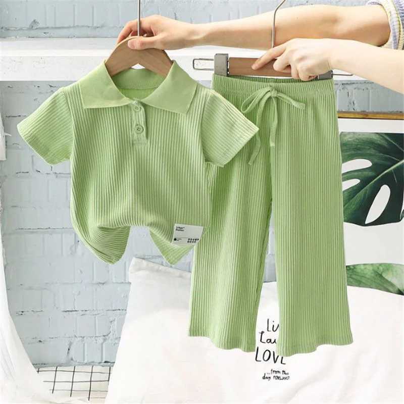 Girl Polo T-shirt Set Childrens Collar Pit Stripe Set Summer Short sleeved Top+Pants 2PCS New Childrens Solid Casual Set 2-8YXJ250410