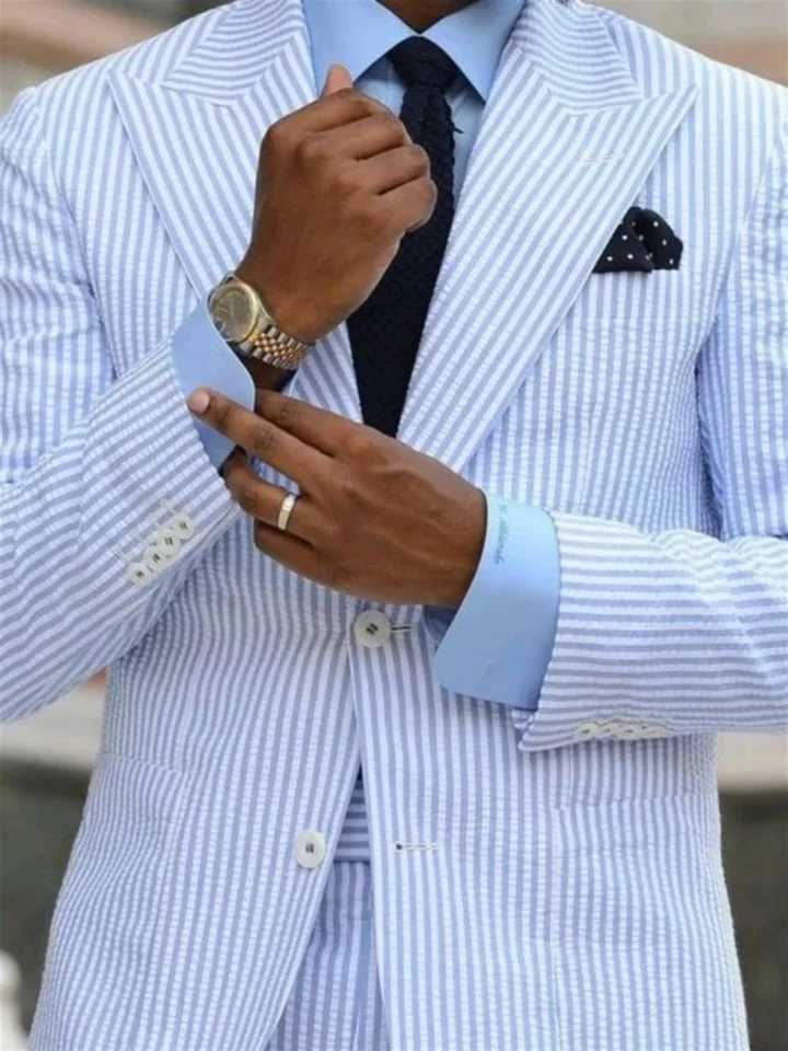 2 casual mens Seersucker striped suit custom wedding groom evening gown mens Peaked lapel jacket+pants W250410