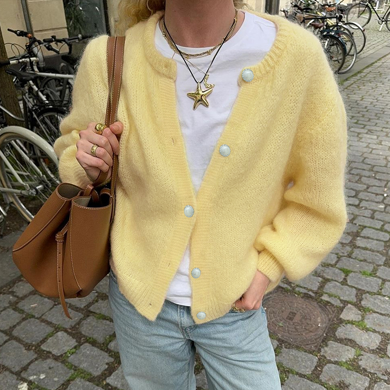 Fall women clothes, women's solid color sweater casual street fashion versatile blouse round neck placket pearl buttons loose---NBJ096