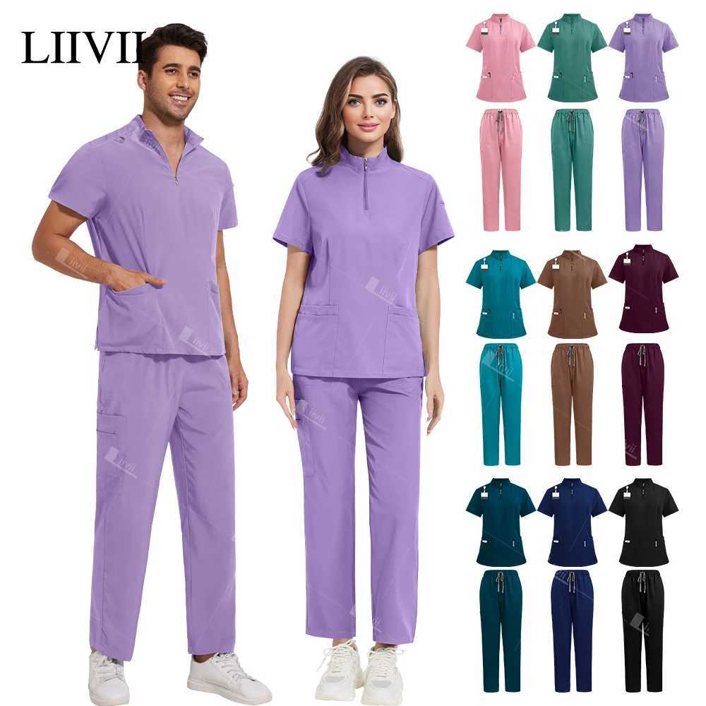 Elastic medical nurse uniform unisex pet beauty care workwear washer set operating room top surgical suit pocket set X250410
