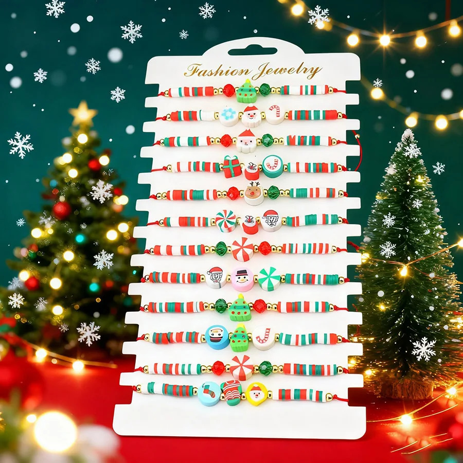 12PcsDozen Christmas Series Cute Bracelet Unisex Adjustable Knot Soft Rubber Beads Braslet Festival Party Friendship Joias 251103
