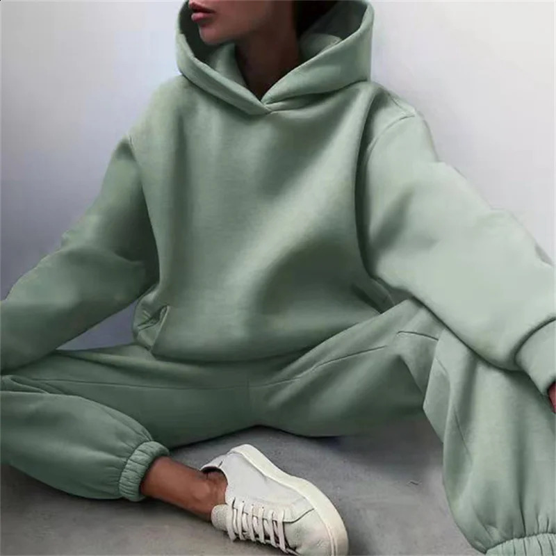 Womens Tracksuit Suit Autumn Fashion Warm Hoodie Sweatshirts Two Pieces Oversized Solid Casual Hoody Pullovers Long Pant Sets 250410