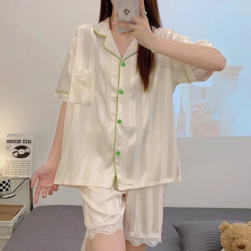 Womens Summer Ice Silk Pajamas Homewear Set for s Thin Striped Short-Sleeved Students Summer Casual Pajamas Homewear Se 250411