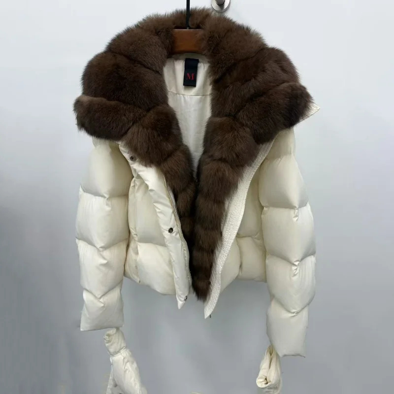 Winter High-Quality Womens Fox Fur Collar Hooded down Jacket Y2K Fashion Casual Thick Warm Goose down Coat with Gloves 251110