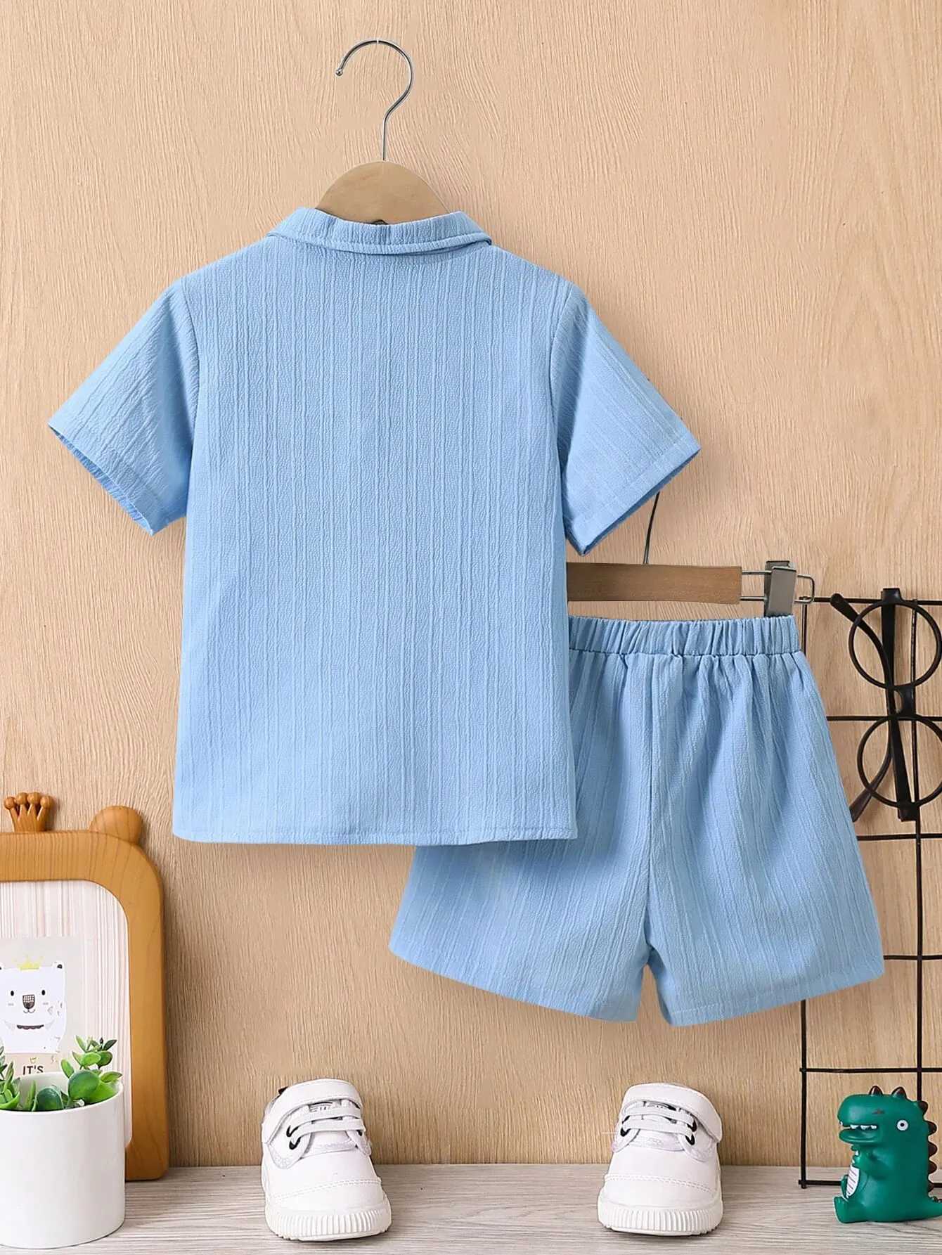Summer Boys Set Blue Wave Shirt Casual Two piece Simple Childrens ClothingXJ250410