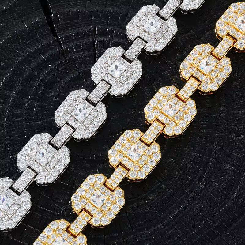 Luxury Hip Hop Jewelry 12mm Gold Plated 925 Sterling Silver VVS Moissanite Diamond Square Shaped Fashion Bracelet for Men Women