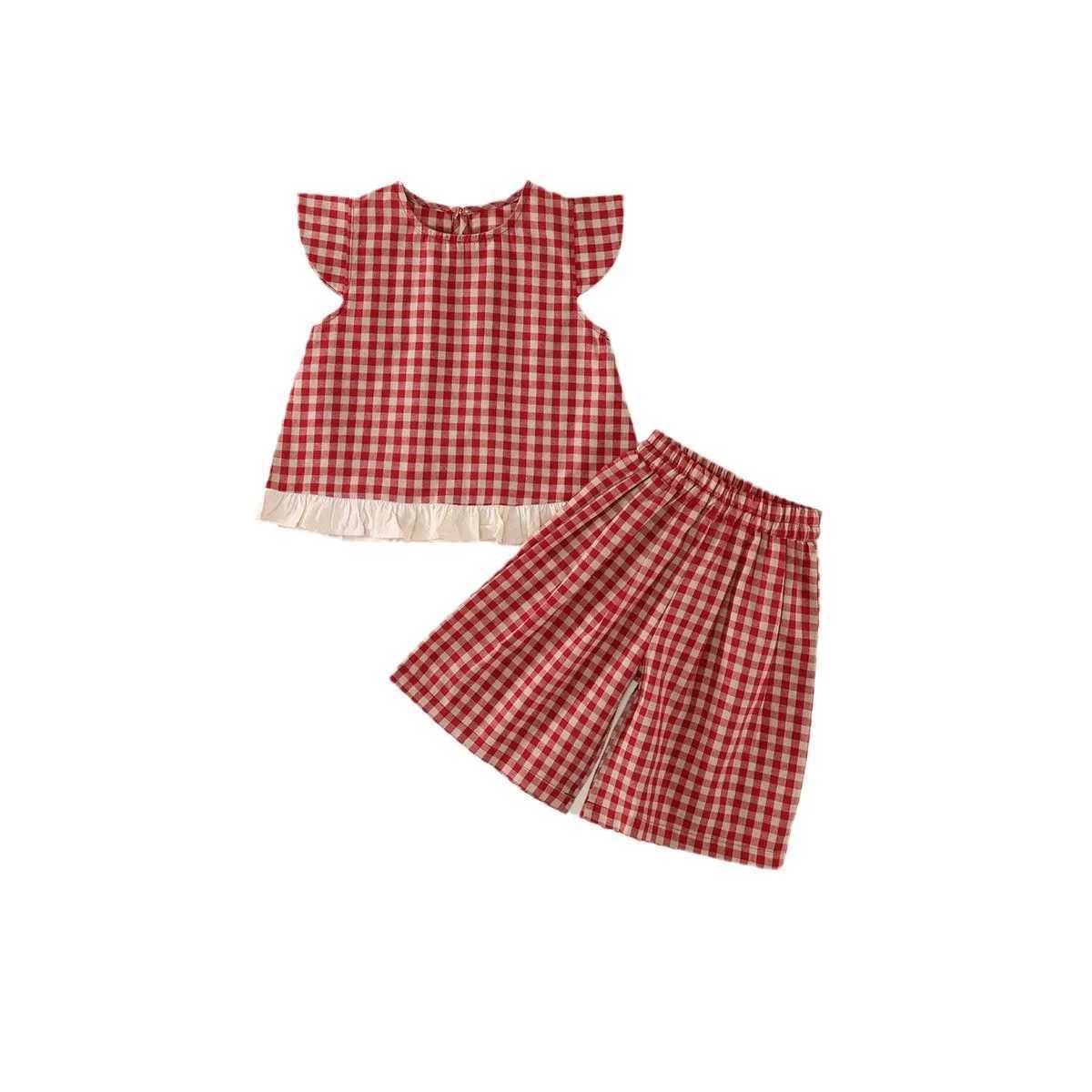 Summer Childrens Baby Girl 2PCS Clothing Set Cotton Fly Sleeve Red Grid T-shirt Set Loose Waist Shorts Set Childrens Girl SetXJ250410