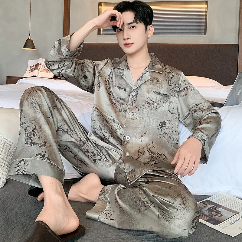 High quality pajama set mens spring and autumn ice silk long sleeved mens pajamas summer slim fit fashionable pajama set 250408